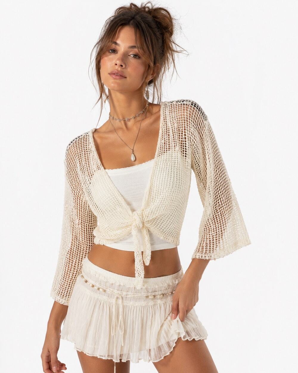 MaxiMa USA Open Fish Knit Cardigan Cover Up OS Cream Sequins Boho Beach Festival